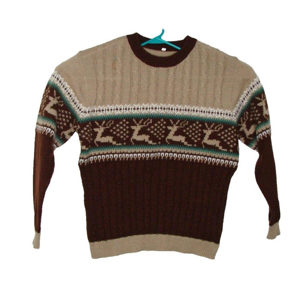 Shein Deer Wildlife Knit Pullover Sweater Unisex XL LS Winter Brown Tan Flaw Vtg